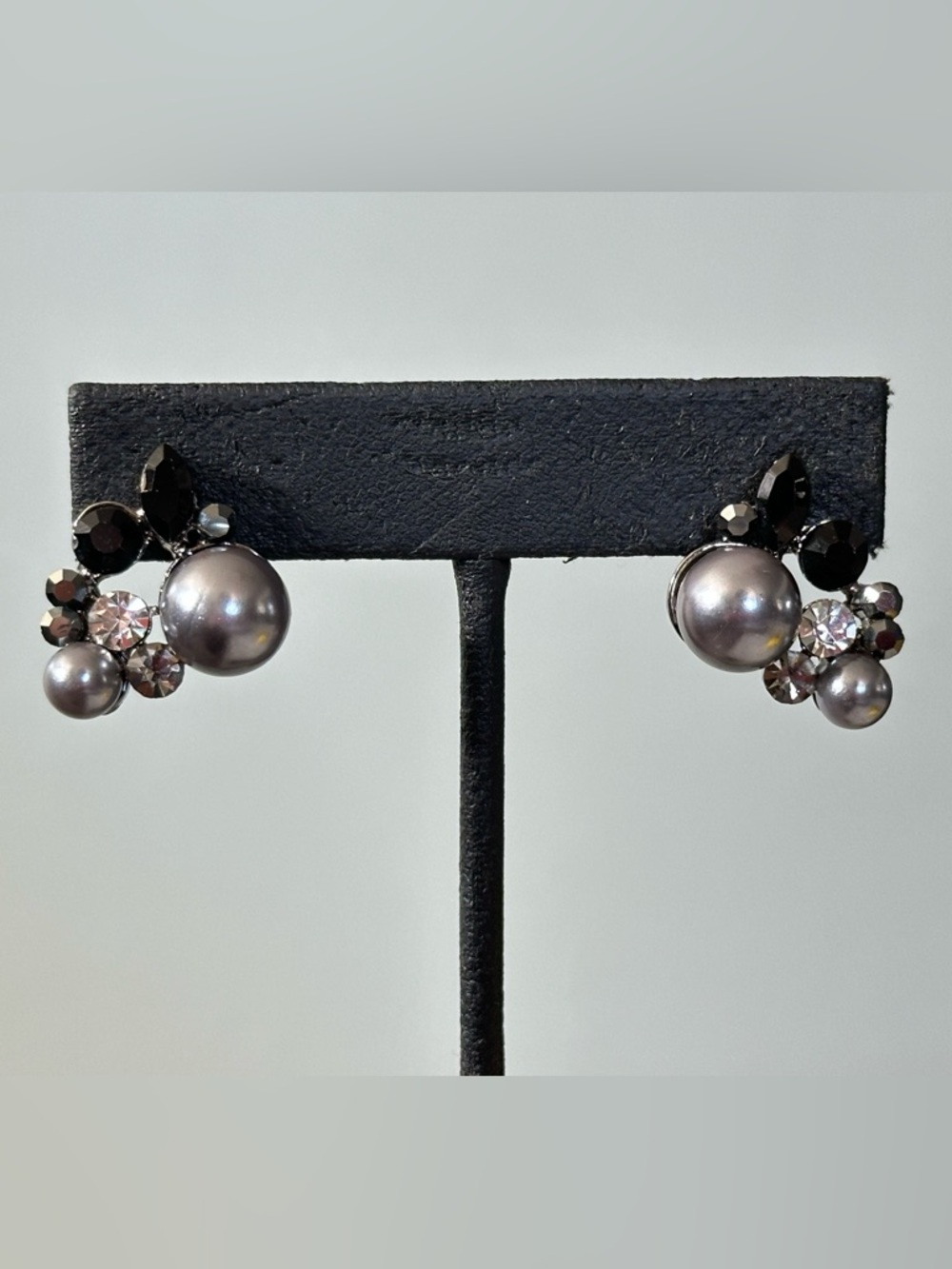 Grey Pearl Crystal Rhinestone Cluster Post Earrings Formal Prom Gothic Vampire